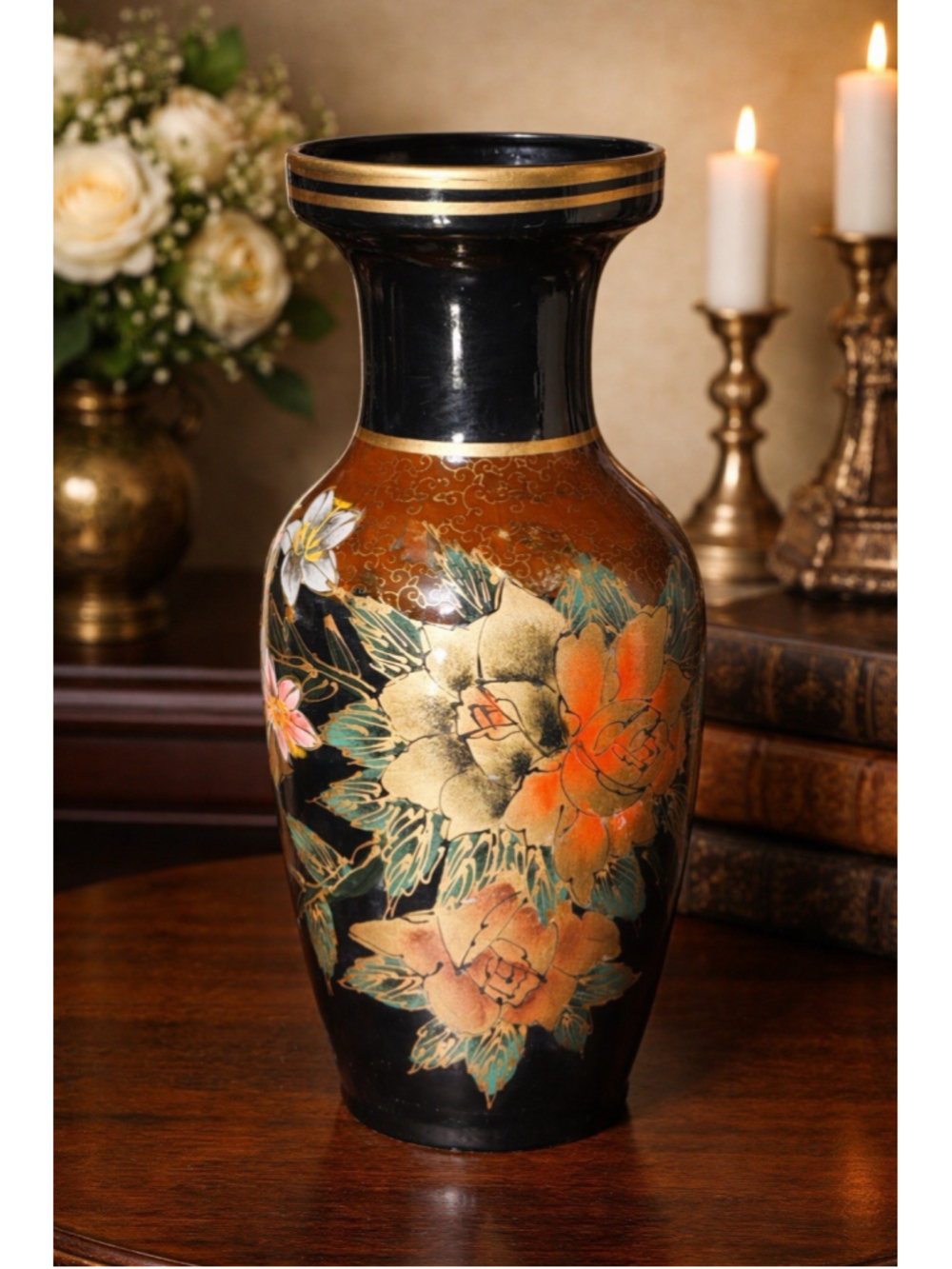 Vintage 1960s Hand Painted Floral Vase Black Gold Mid Century Decor